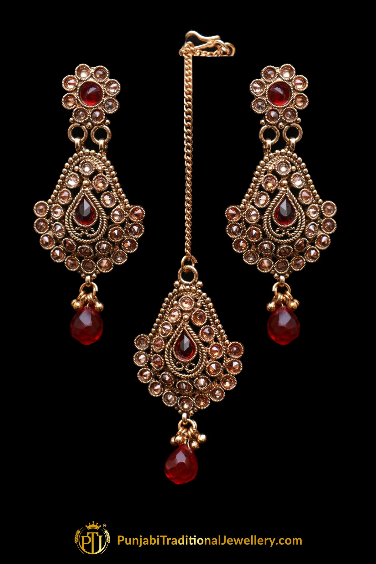 Red Champagne Stone Earring Tikka Set By Punjabi Traditional Jewellery