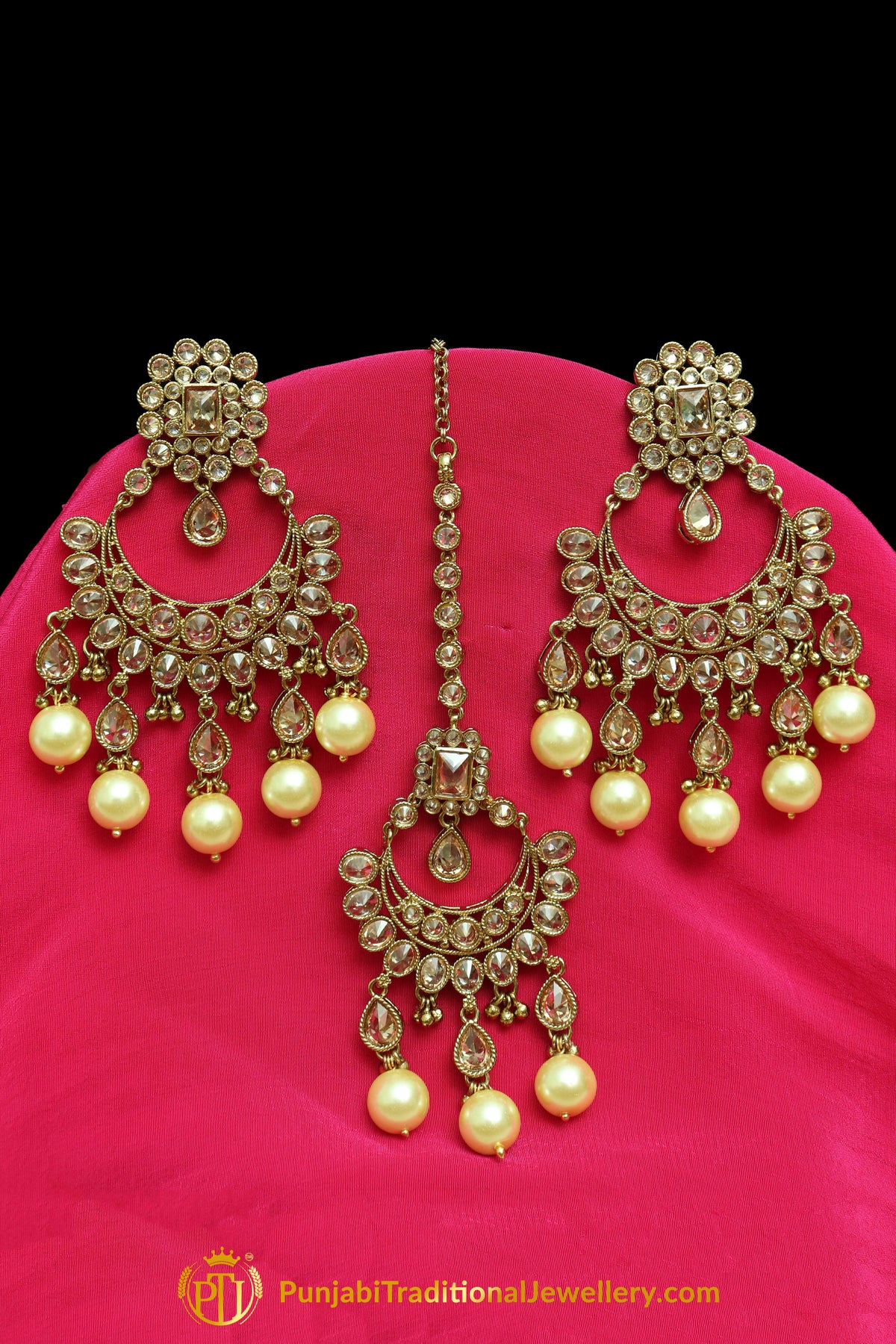 Gold Finished Champagne Stone & Pearl Earring Tikka Set By Punjabi Traditional Jewellery