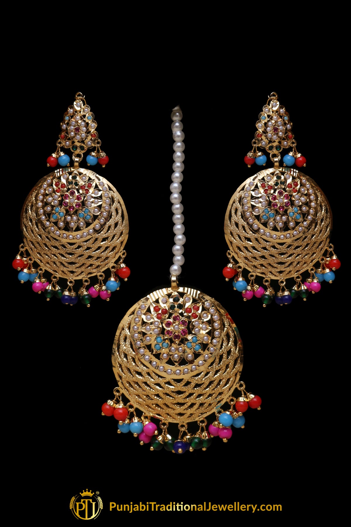 Multi Jadau Pearl Earring Tikka Set By Punjabi Traditional Jewellery