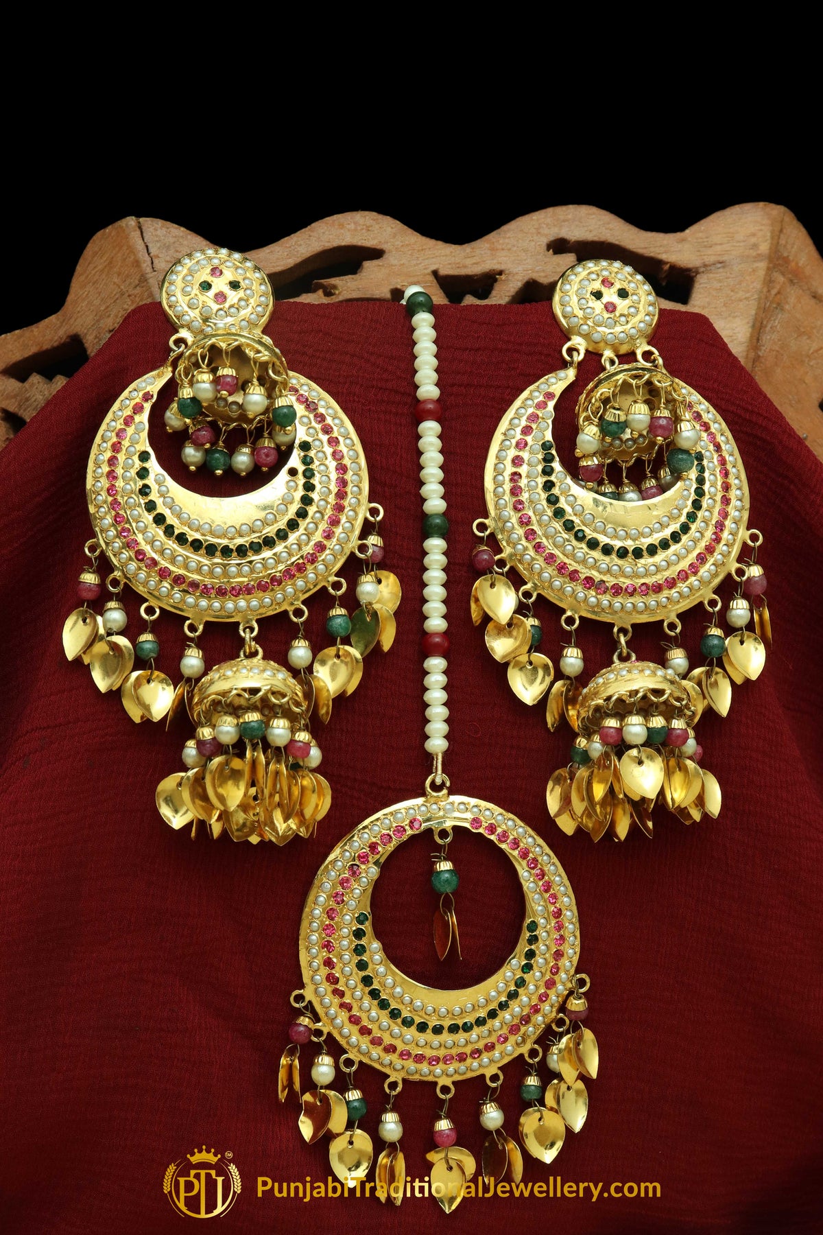 Multi Jadau Pippal Patti Earring Tikka Set By Punjabi Traditional Jewellery