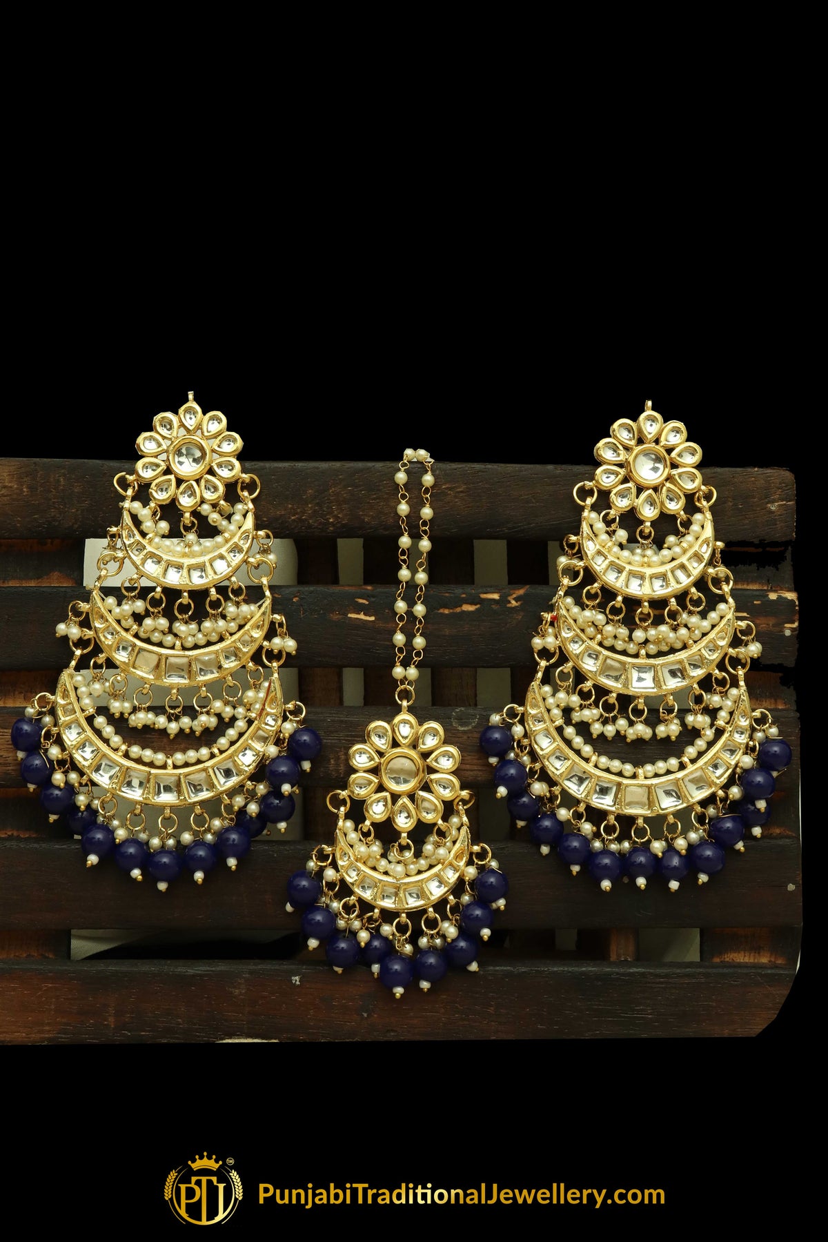 Blue Kundan Earring Tikka Set By Punjabi Traditional Jewellery