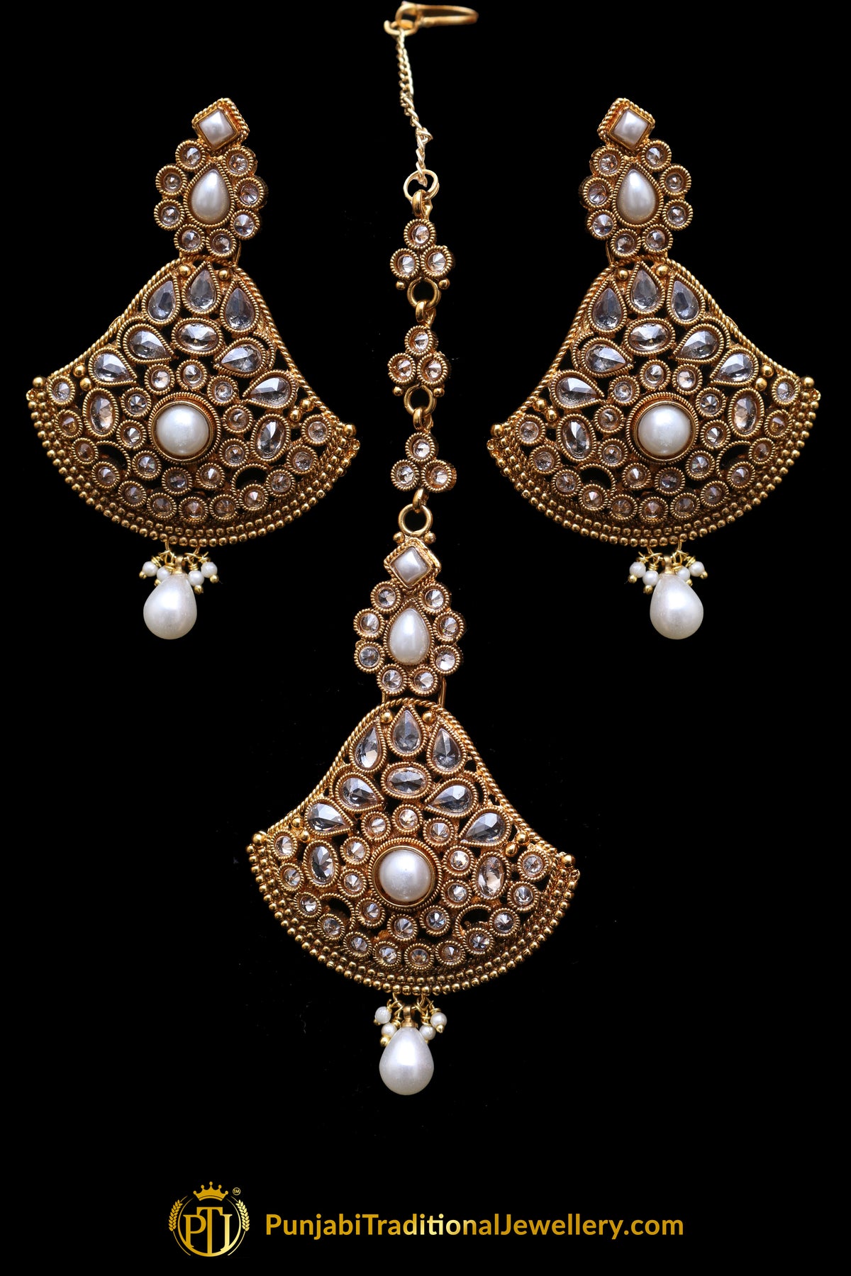White Pearl Polki Earring Tikka Set By Punjabi Traditional Jewellery