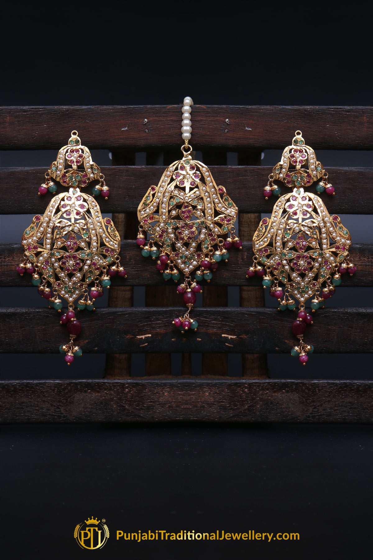 Multi Jadau Pearl Earring Tikka Set By Punjabi Traditional Jewellery