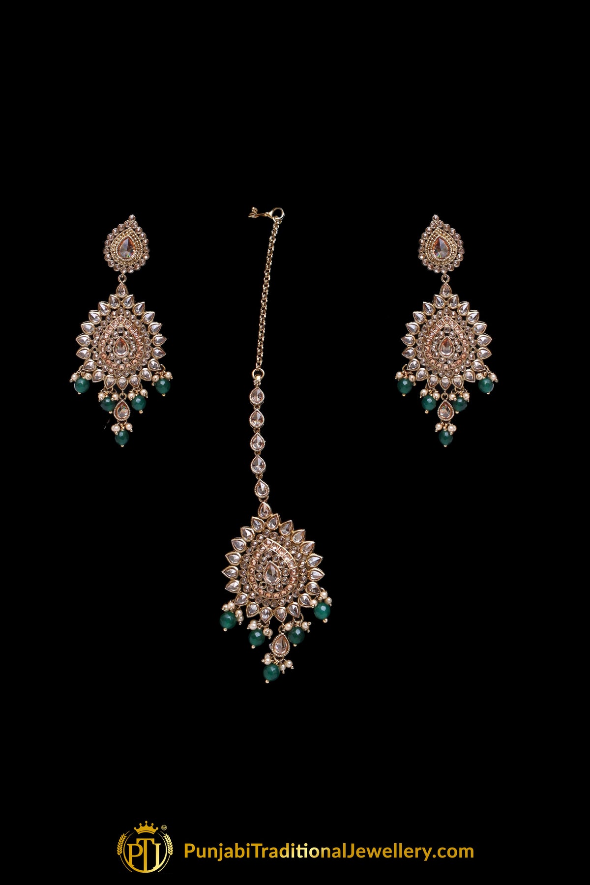 Green Champagne Stone Necklace Set By Punjabi Traditional Jewellery