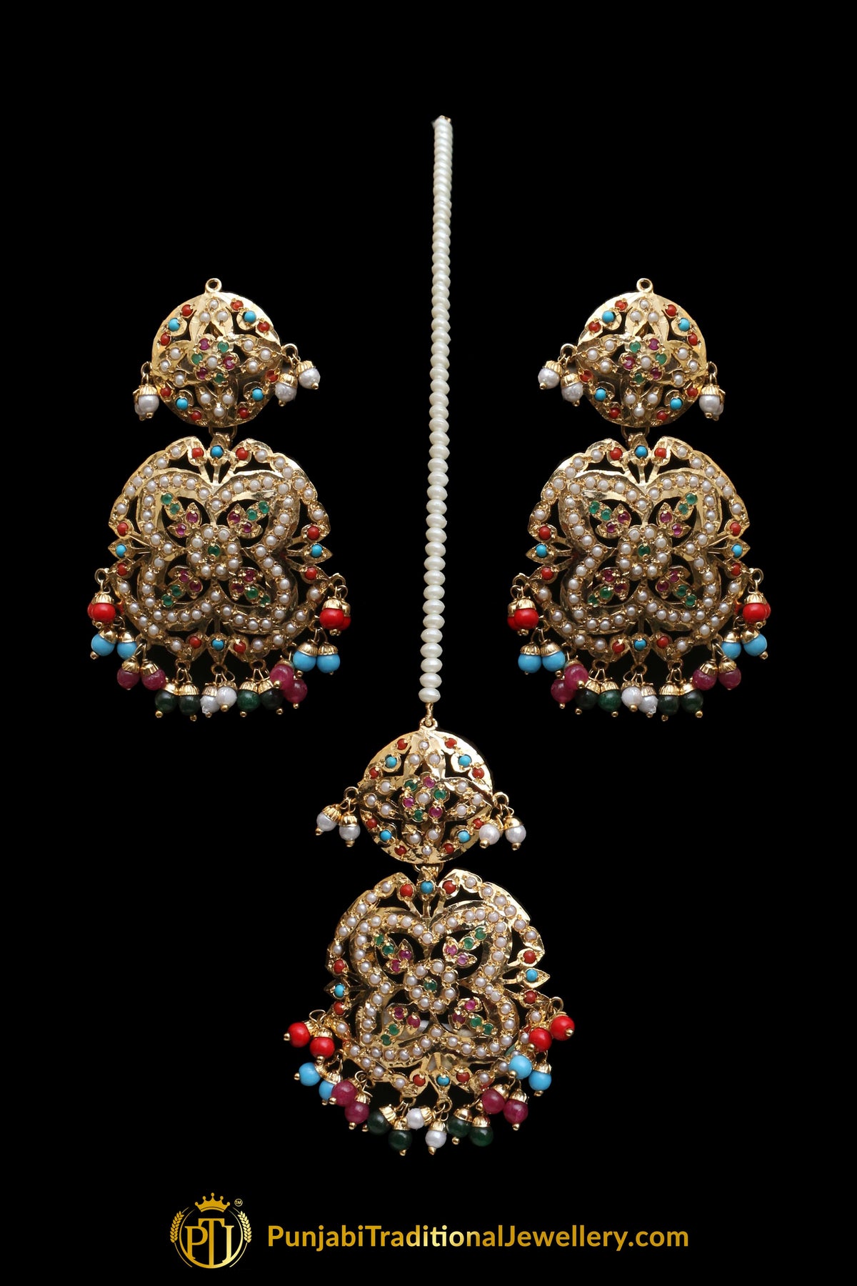 Multi Jadau Pearl Necklace Set By Punjabi Traditional Jewellery