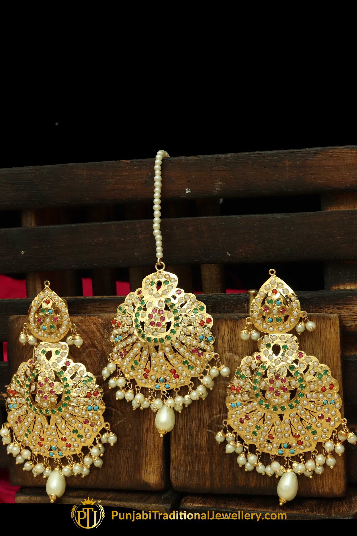 Multi Jadau Pearl Earring Tikka Set By Punjabi Traditional Jewellery