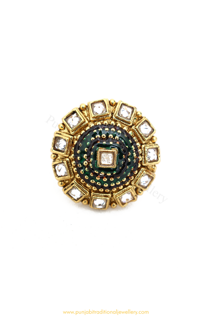 Gold Finished Emerald Polki Ring By PTJ