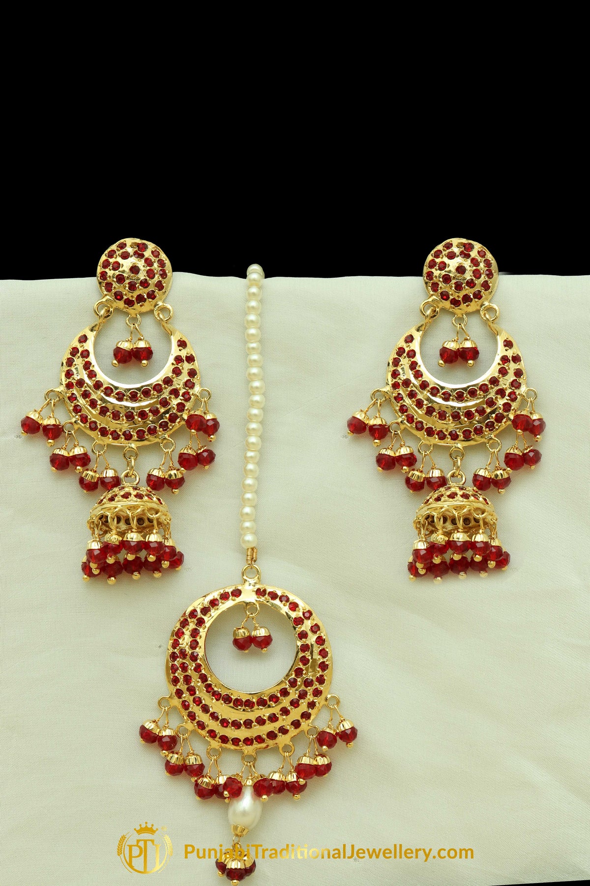 Red Jadau Pearl Earring Tikka Set By Punjabi Traditional Jewellery