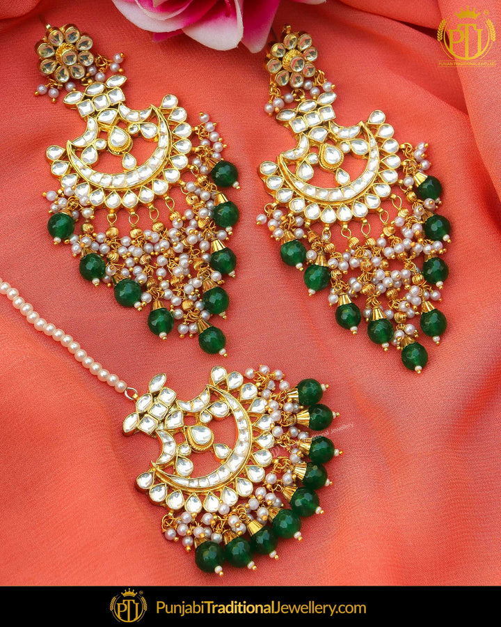 Gold Finished Emerald Pearl Kundan Earring Tikka Set | Punjabi Traditional Jewellery Exclusive