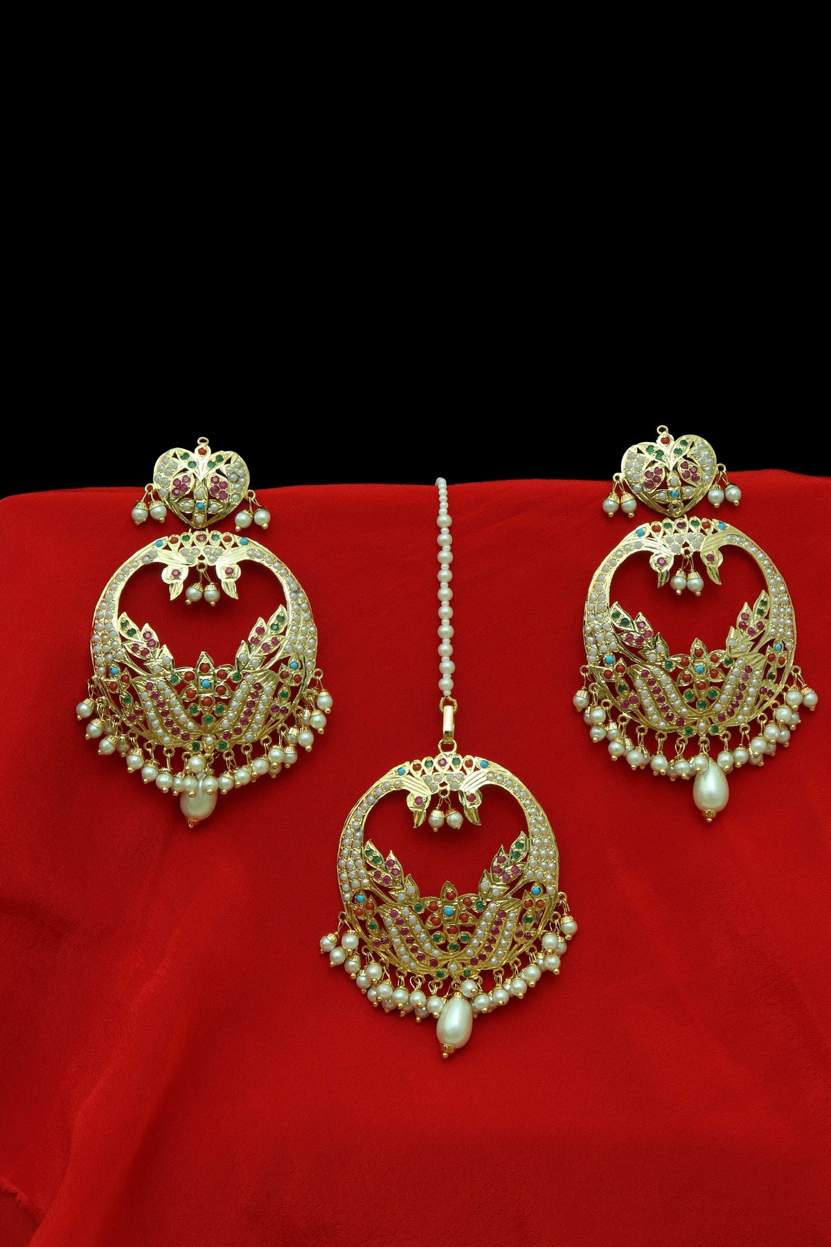 Multi Jadau Earrings Tikka Set By Punjabi Traditional Jewellery