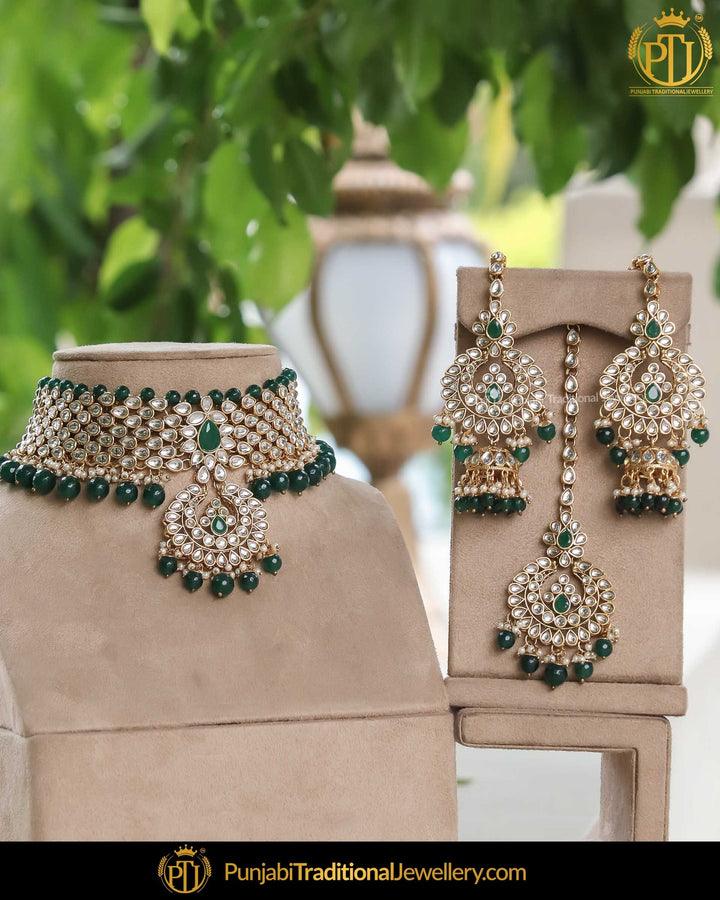 Gold Finished Kundan Emerlad Pearl Choker Necklace Set | Punjabi Traditional Jewellery Exclusive