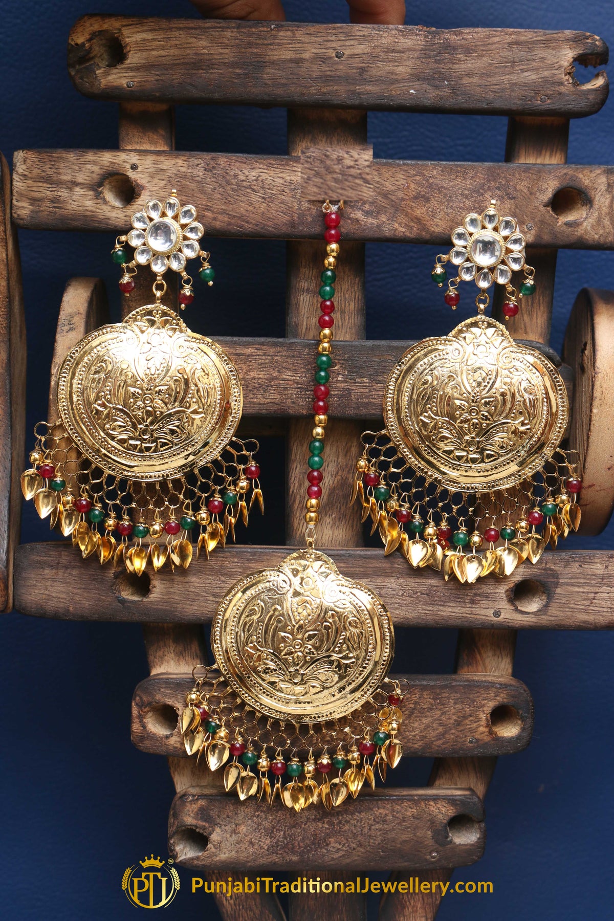 Red Green Pippal Patti Earring Tikka Set By Punjabi Traditional Jewellery