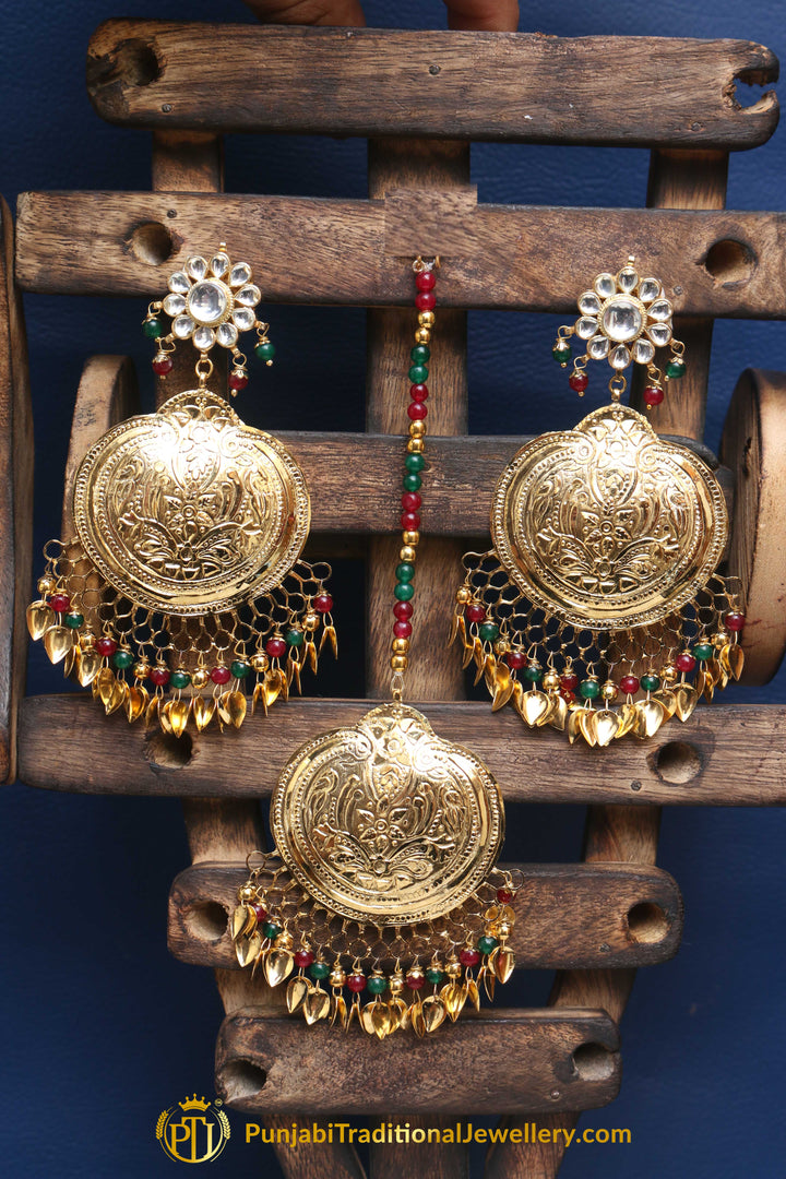 Red Green Pippal Patti Earring Tikka Set By Punjabi Traditional Jewellery
