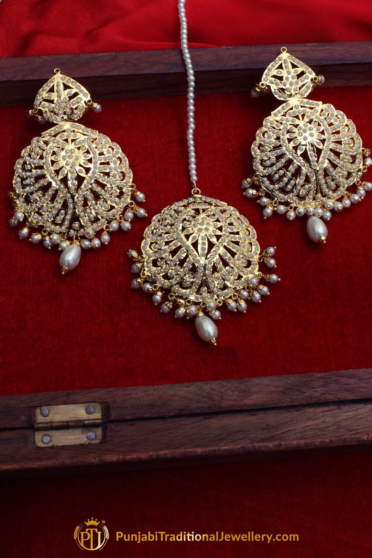 Golden Jadau Pearl Earring Tikka Set By Punjabi Traditional Jewellery