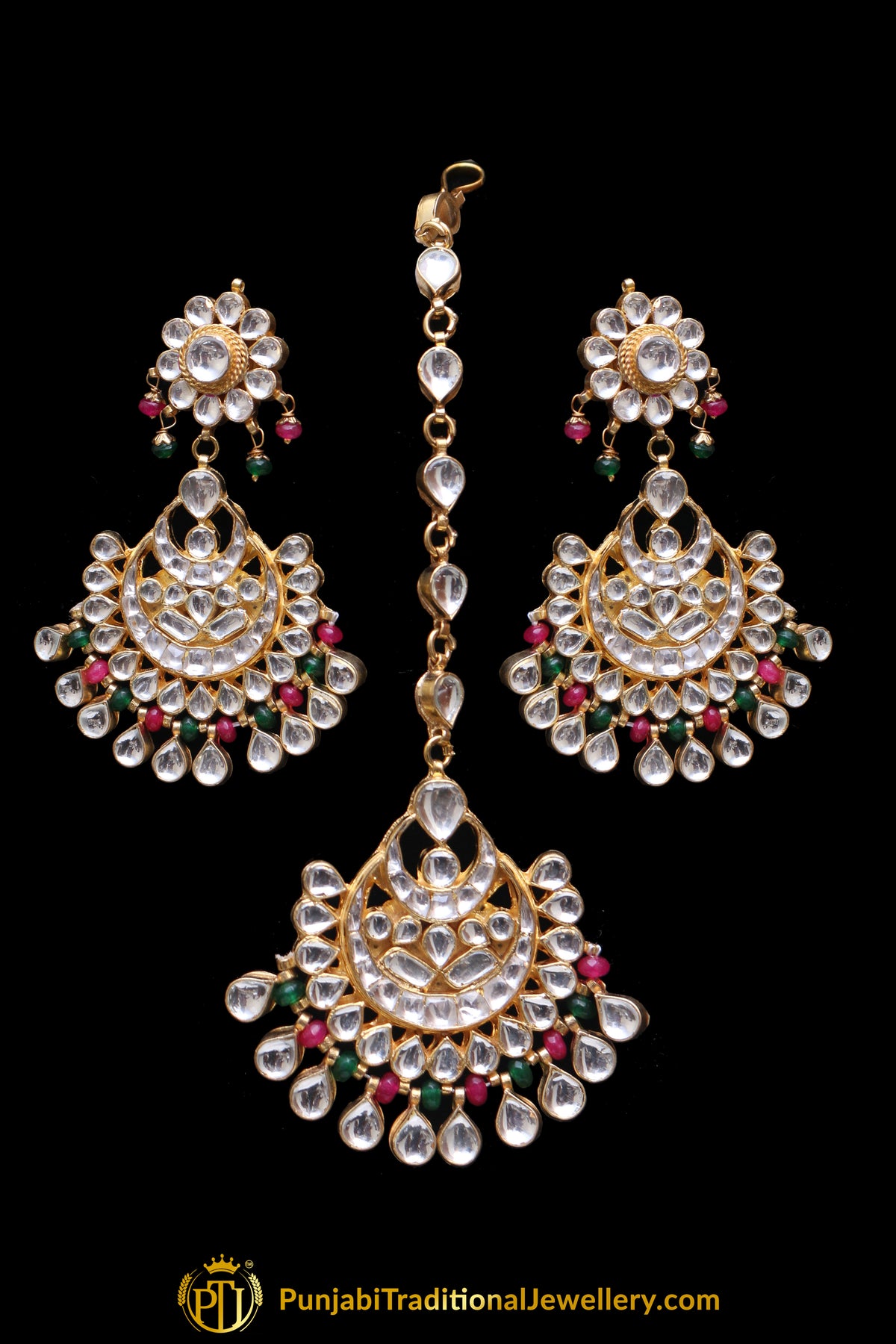 Pink Green Kundan Pearl Earring Tikka Set By Punjabi Traditional Jewellery