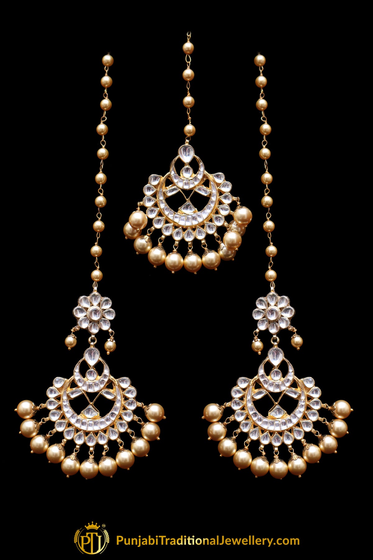 Golden Kundan Pearl Earring Tikka Set By Punjabi Traditional Jewellery