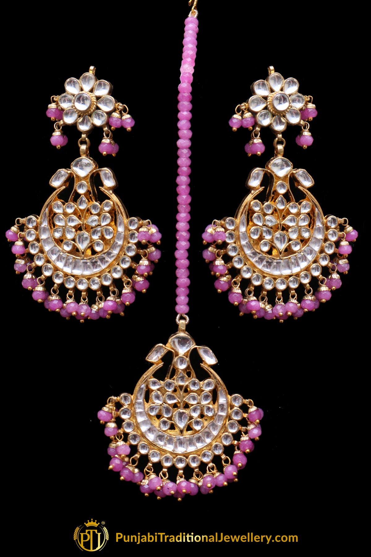 Pink Kundan Pearl Earring Tikka Set By Punjabi Traditional Jewellery