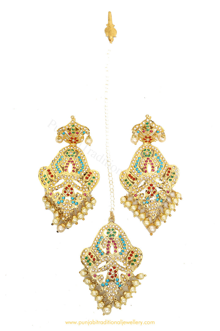 Gold Finished Navratan Jadau Earrings & Tikka Set By PTJ