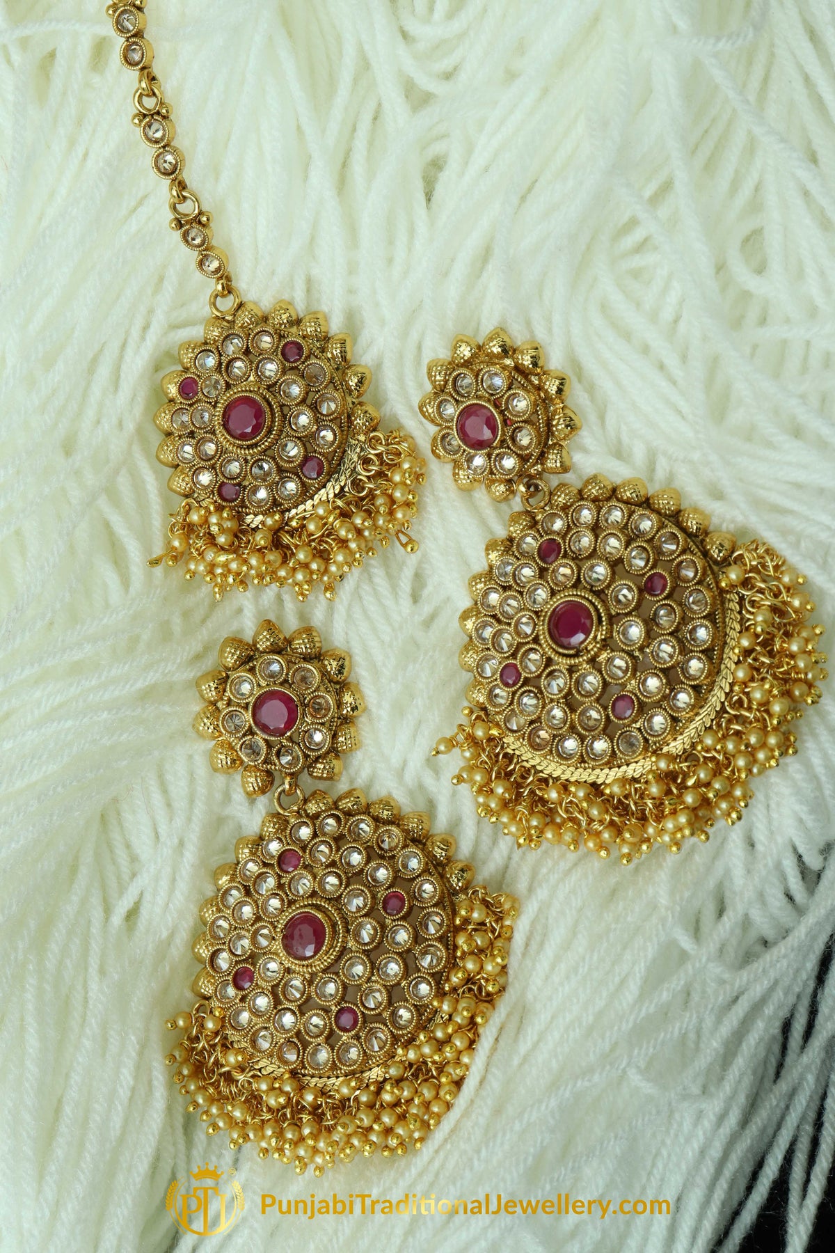Red Polki Earrings Tikka Set By Punjabi Traditional Jewellery