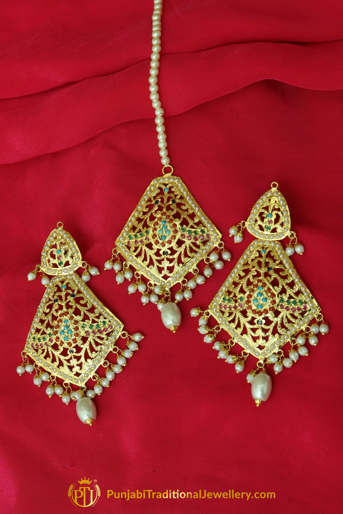 Gold Finished Navratan Jadau Earring Tikka Set By Punjabi Traditional Jewellery