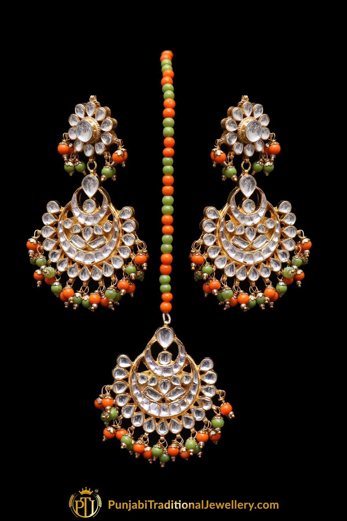 Anikaa Orange & Green Kundan Pearl Earring Tikka Set By Punjabi Traditional Jewellery