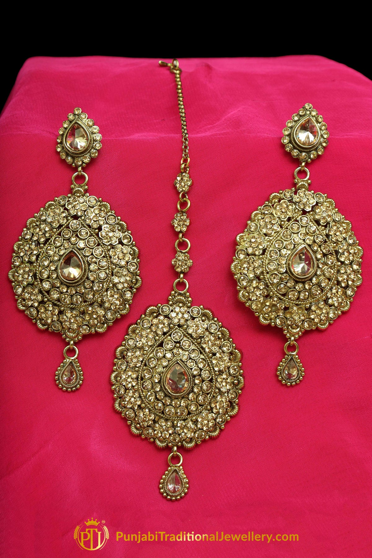 Gold Finished Champagne Stone Earring Tikka Set By Punjabi Traditional Jewellery