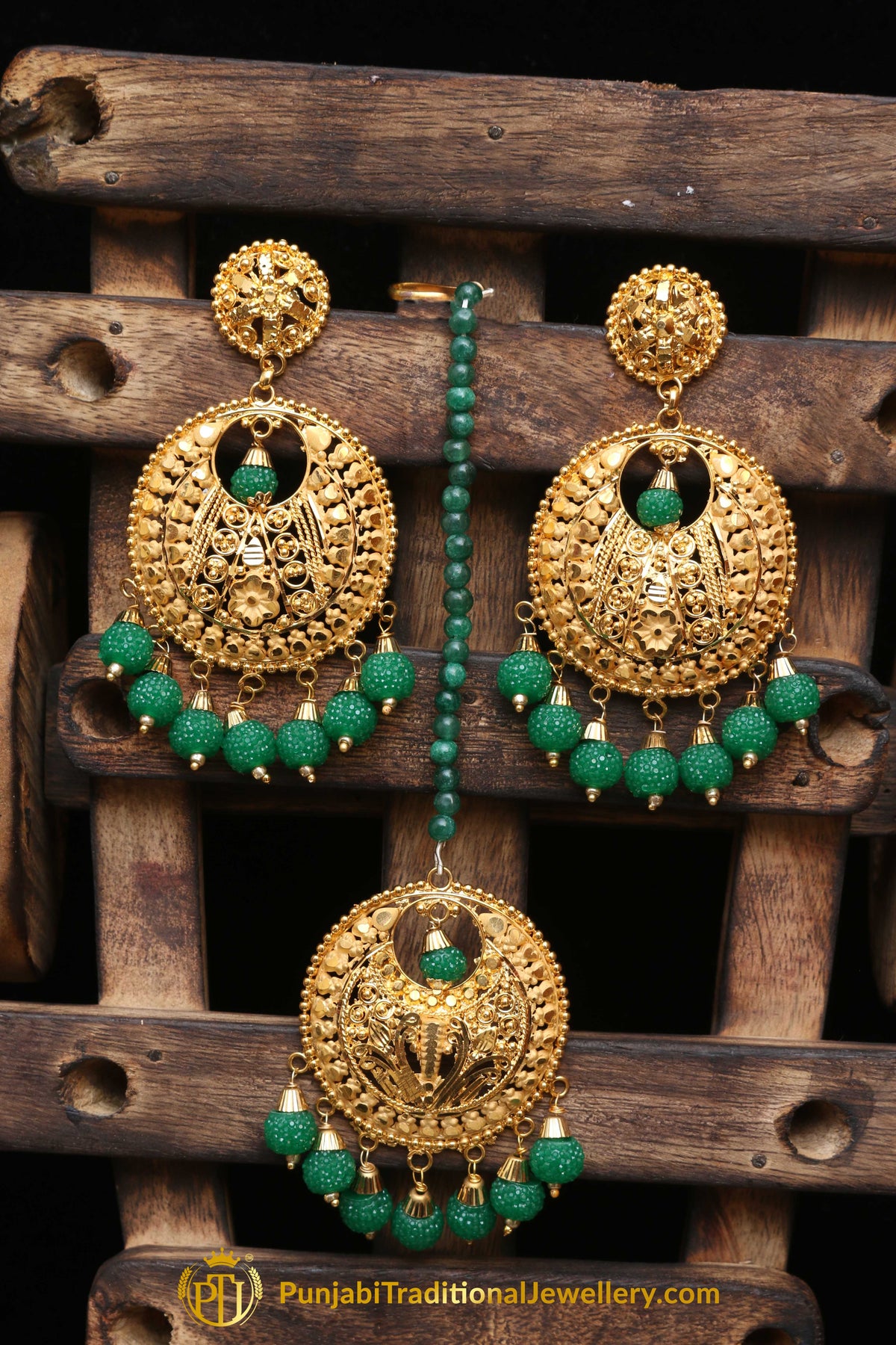 Antique Gold Green  Earring Tikka Set By Punjabi Traditional Jewellery
