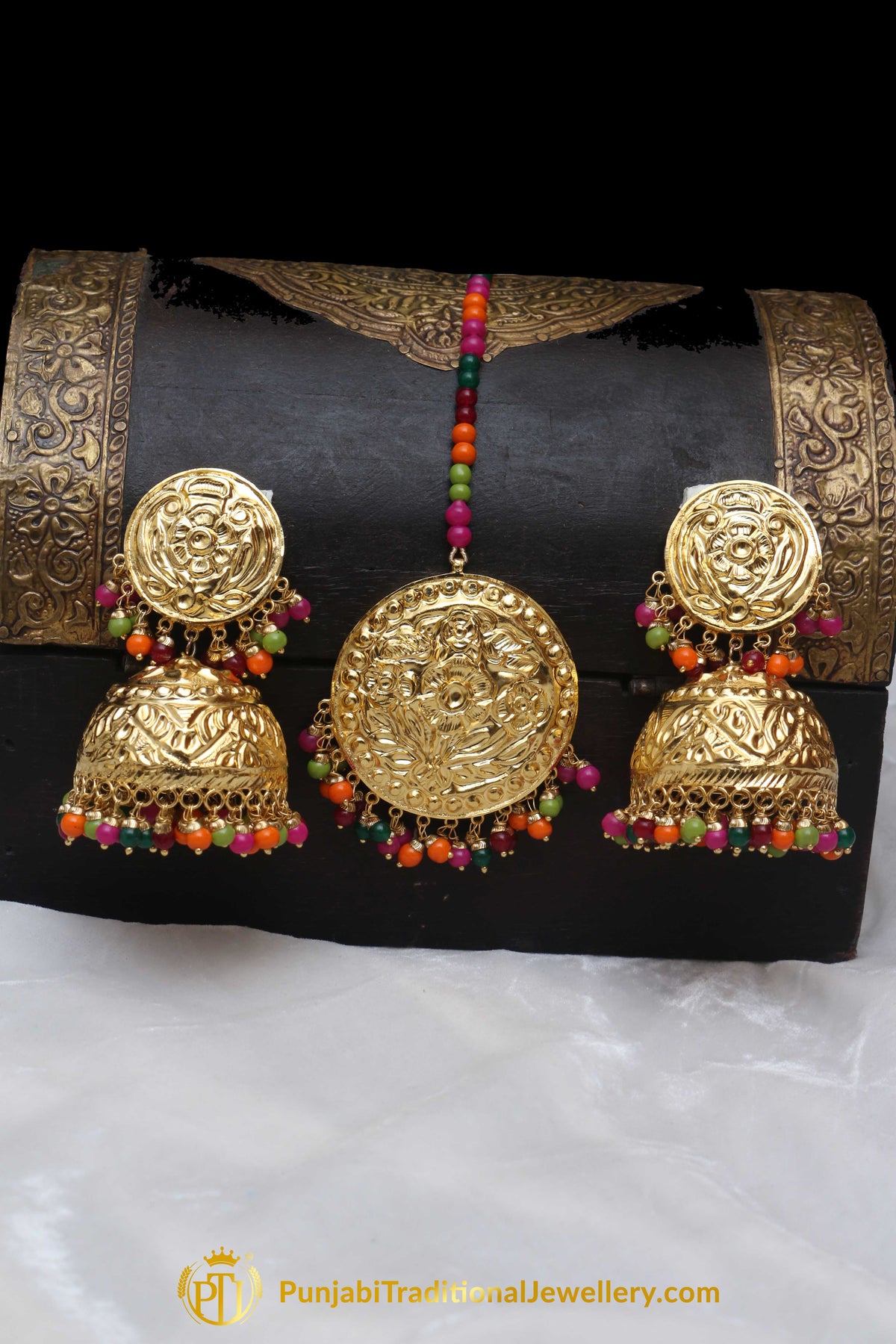 Multi Gold Plated Jhumki Earrings & Tikka Set By Punjabi Traditional Jewellery
