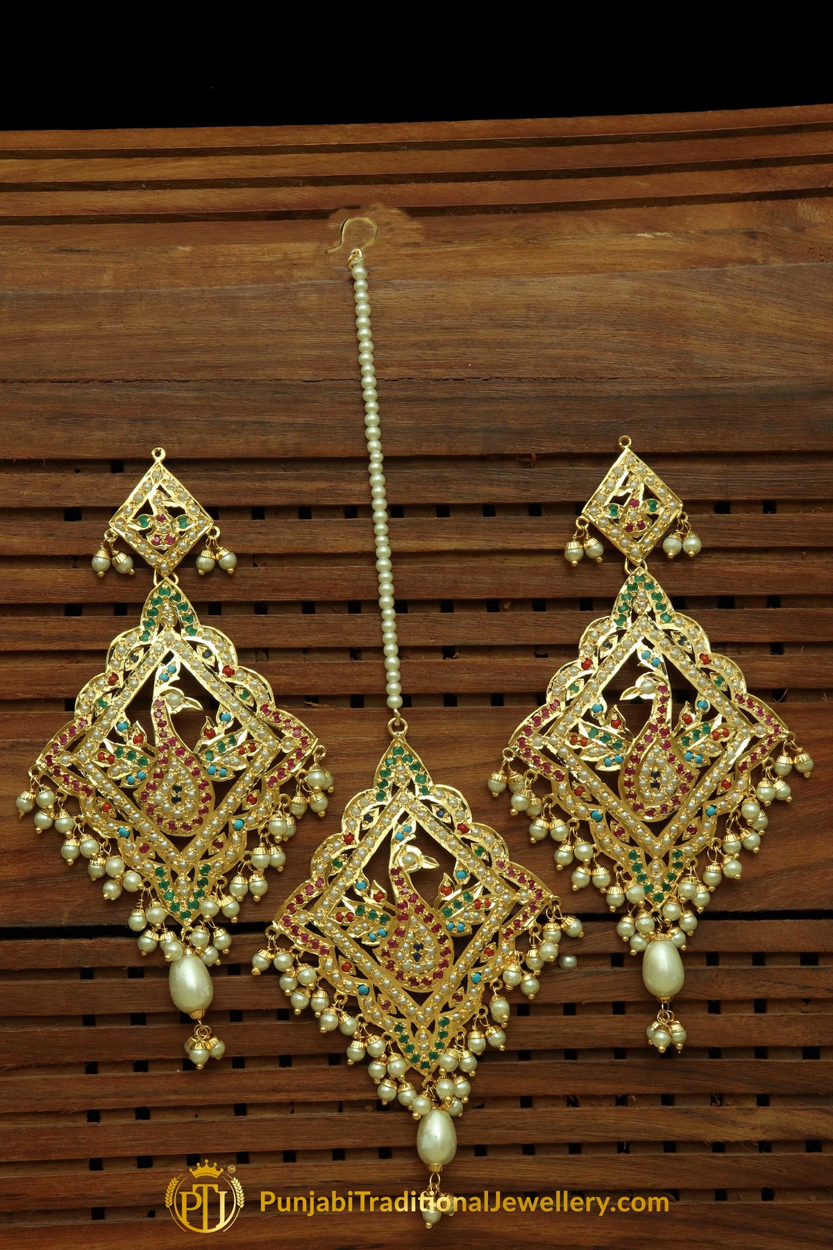 Multi Jadau Pearl Earring Tikka Set By Punjabi Traditional Jewellery