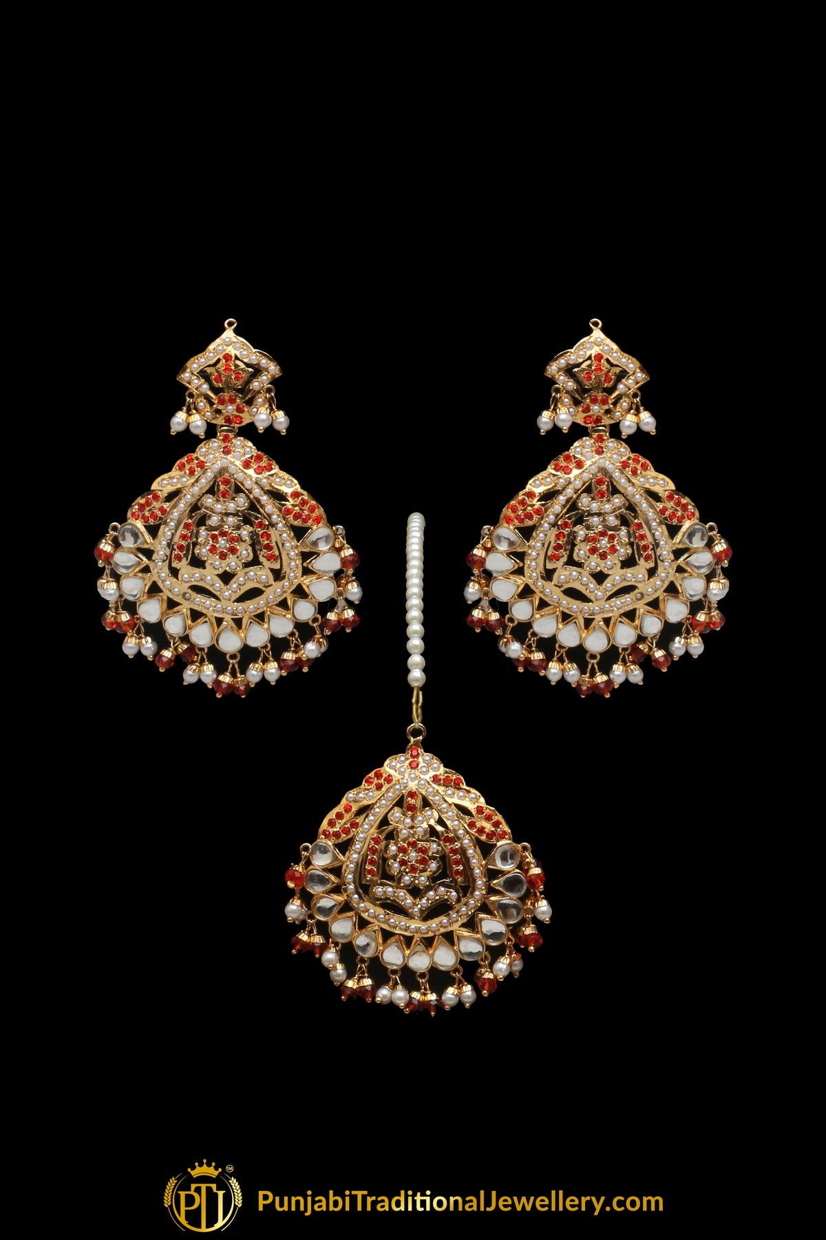 Red Jadau Pearl Kundan Necklace Set By Punjabi Traditional Jewellery