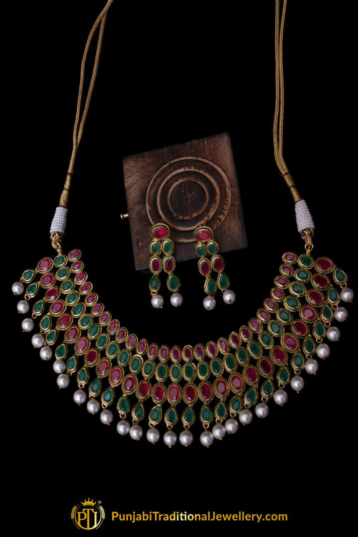 Green Red Pearl Kundan Necklace Set By Punjabi Traditional Jewellery
