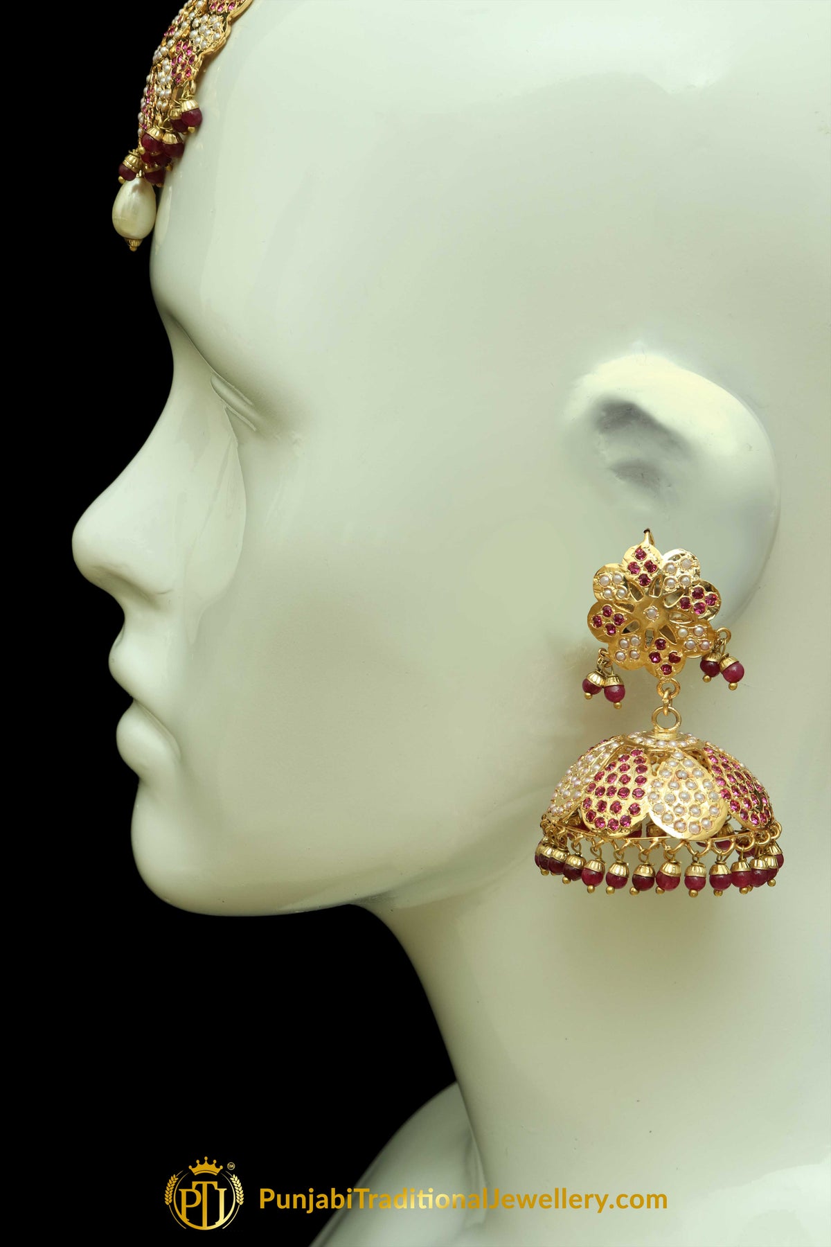 Pink Jadau & Jhumki With Tikka Earring Tikka Set By Punjabi Traditional Jewellery Earrings