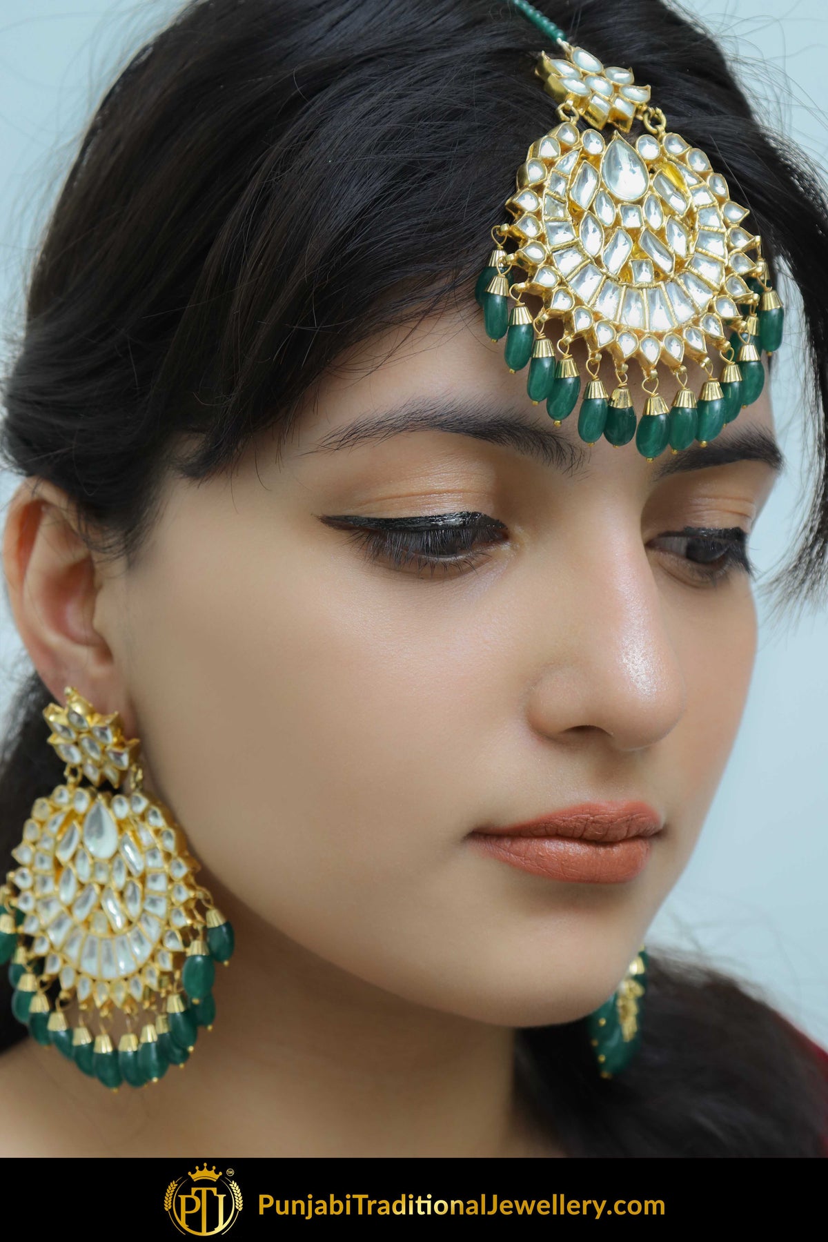 Basheera Emerald Kundan Earring Tikka Set | Punjabi Traditional Jewellery