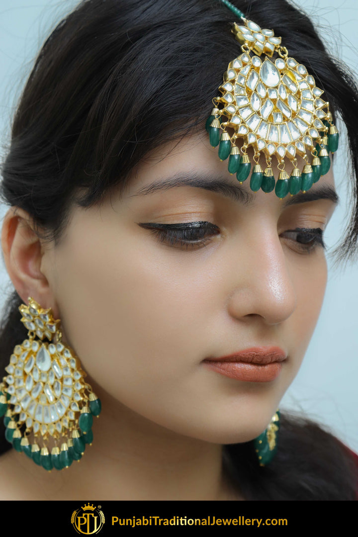 Basheera Emerald Kundan Earring Tikka Set | Punjabi Traditional Jewellery