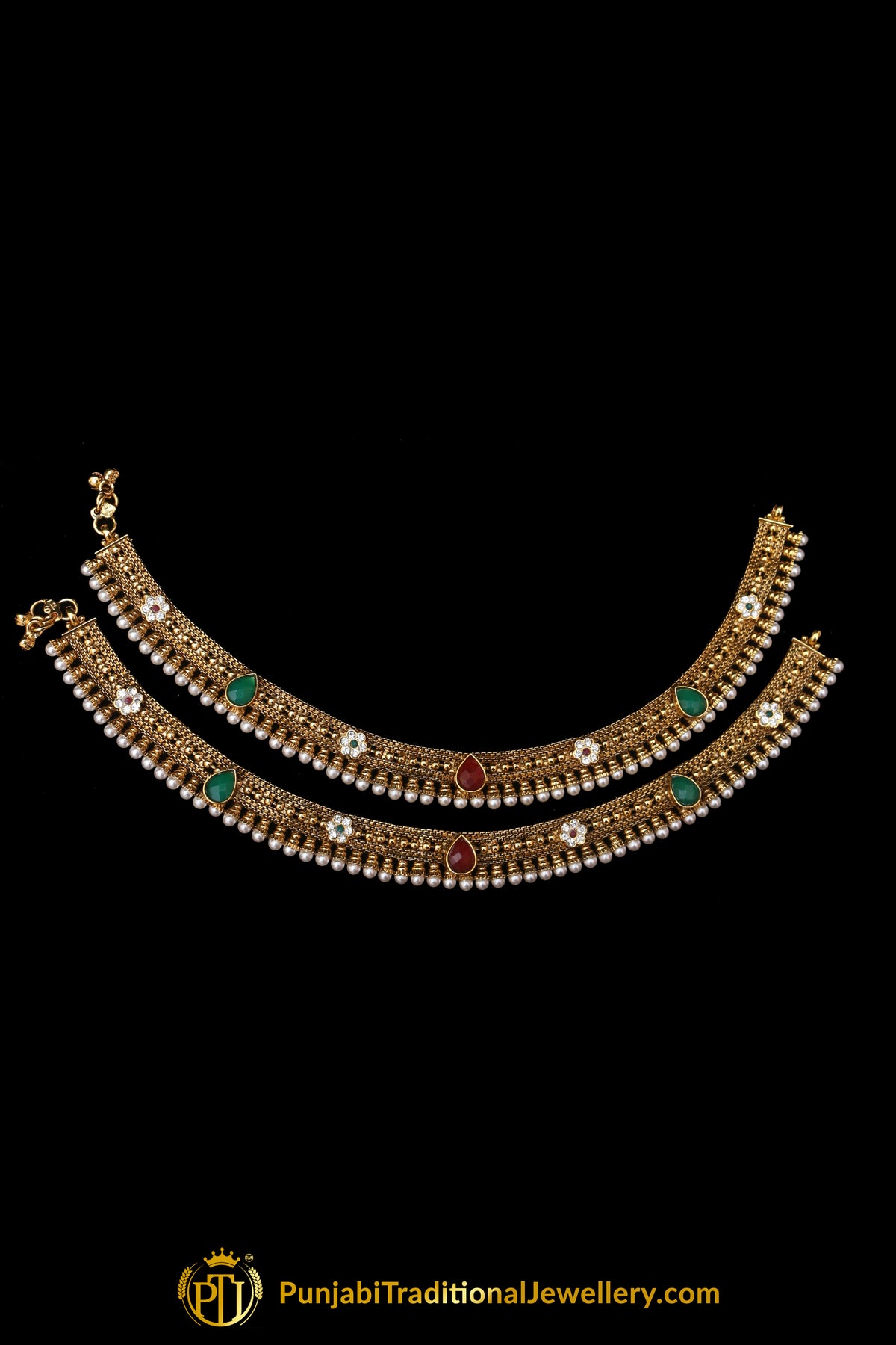 Red &  Green Antique Gold, Polki Payal By Punjabi Traditional Jewellery