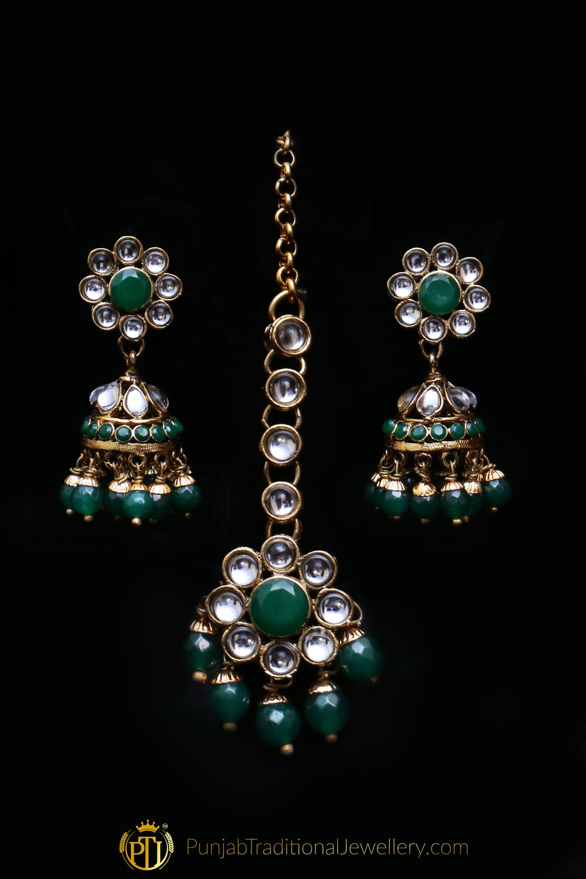 Green Kundan Necklace Set By Punjabi Traditional Jewellery
