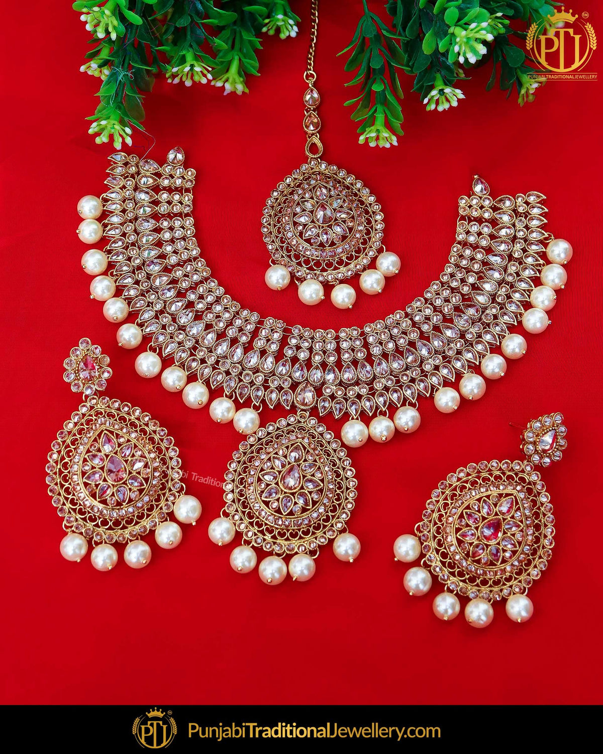 Gold Finished Champagne Stone Pearl Necklace Set  | Punjabi Traditional Jewellery Exclusive