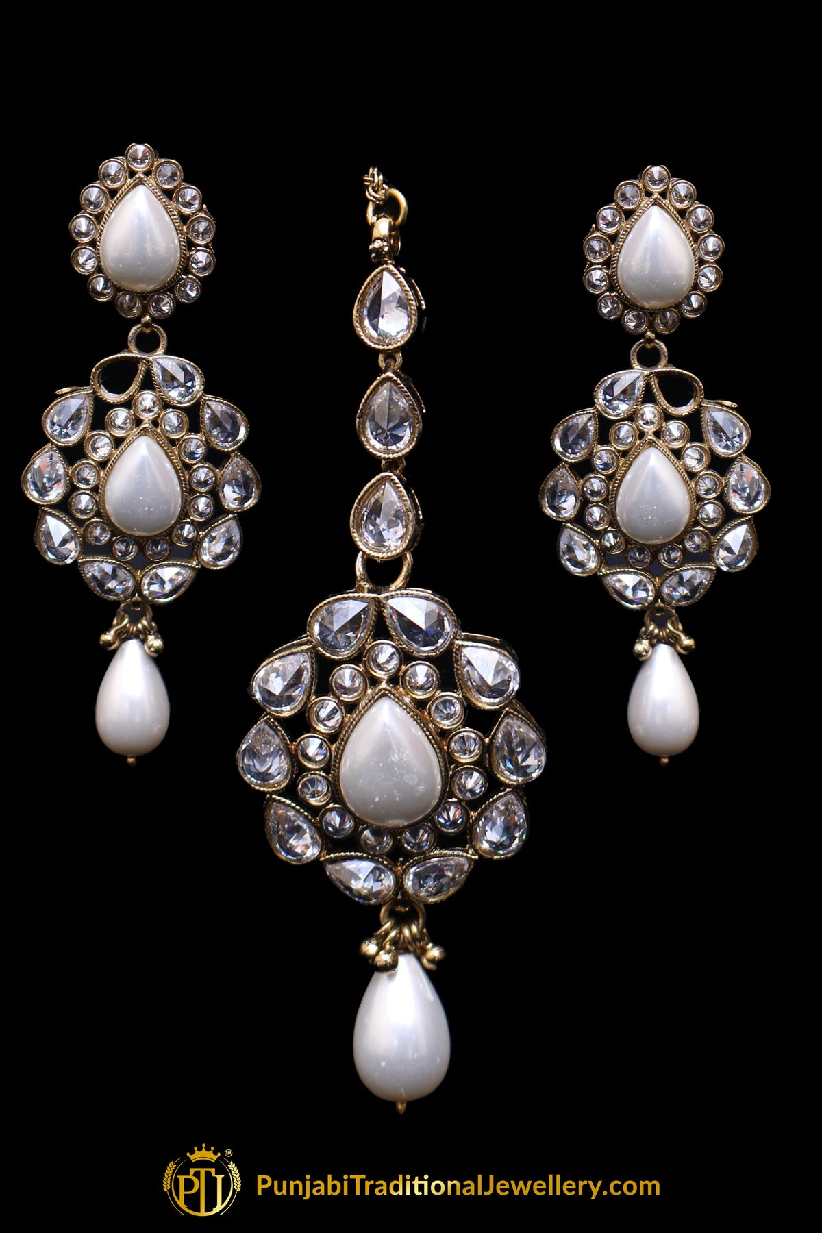 Golden White Pearl Kundan Necklace Set By Punjabi Traditional Jewellery