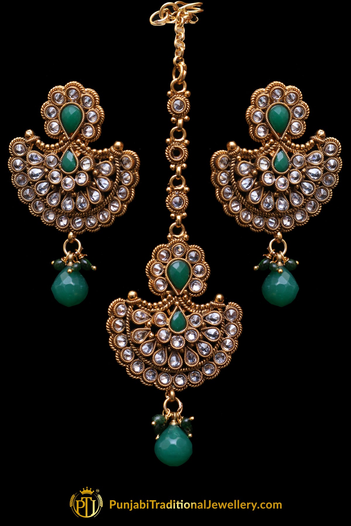 Green Polki Earring Tikka Set By Punjabi Traditional Jewellery