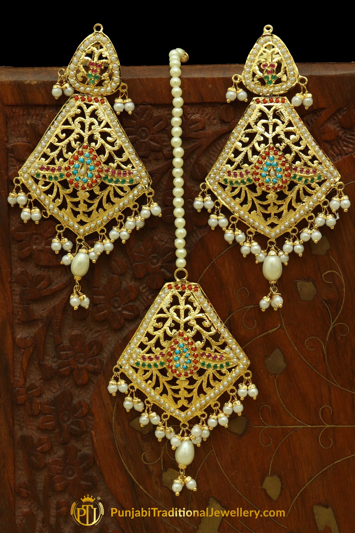 Gold Finished Navratan Jadau Earring Tikka Set By Punjabi Traditional Jewellery