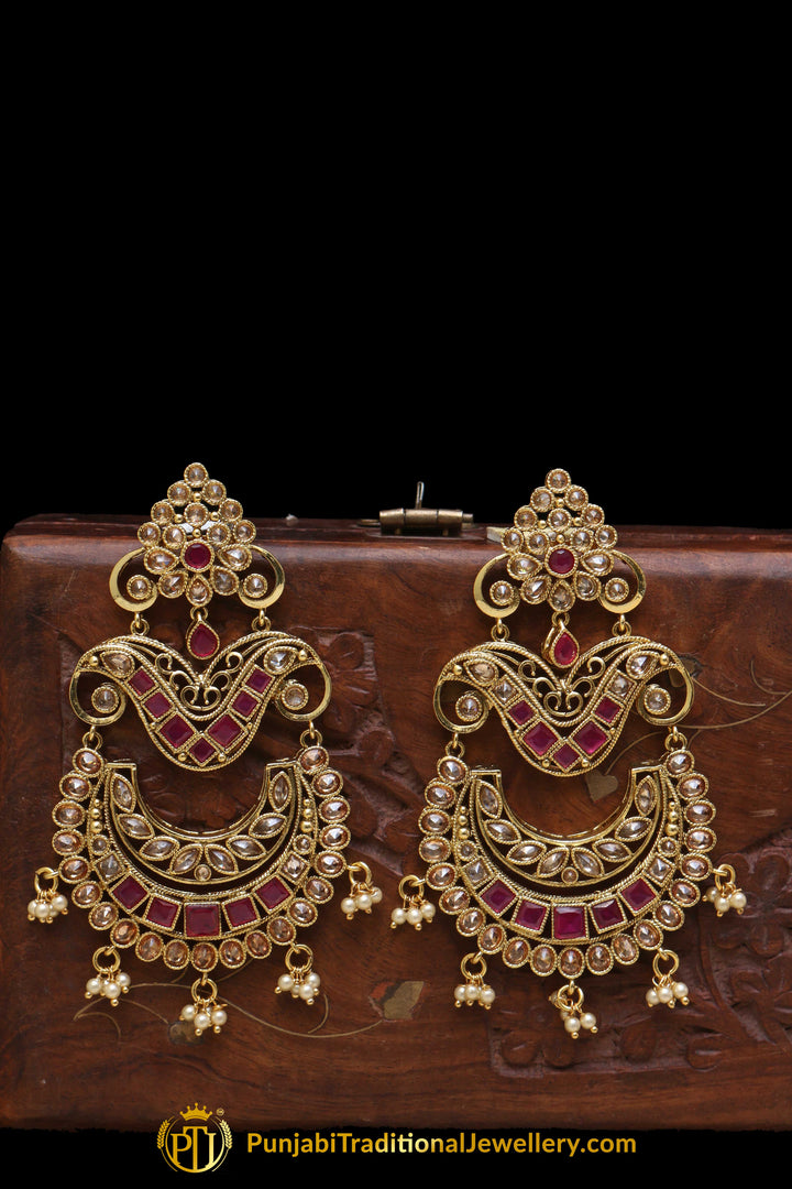 Maroon Polki Champagne Stone Earrings By Punjabi Traditional Jewellery