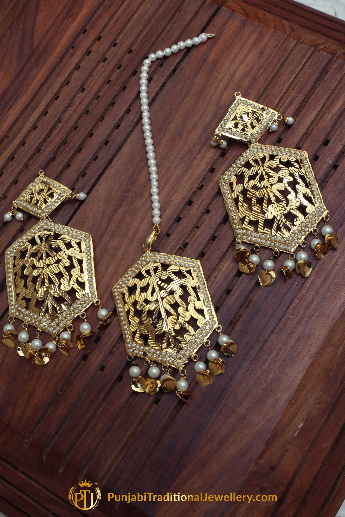 Golden Jadau Pippal Patti Earring Tikka Set By Punjabi Traditional Jewellery