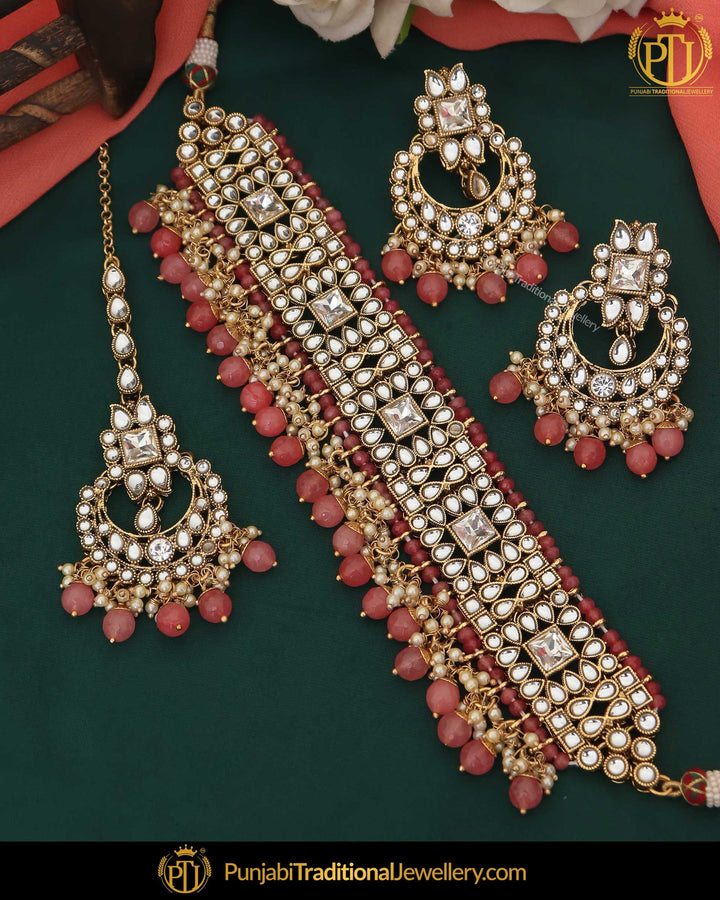 Gold Finished Kundan Red  Pearl Choker Necklace Set | Punjabi Traditional Jewellery Exclusive