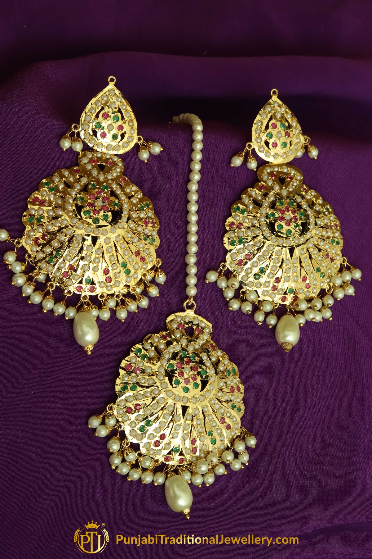 Gold Finished Navratan Jadau Earring Tikka Set By Punjabi Traditional Jewellery