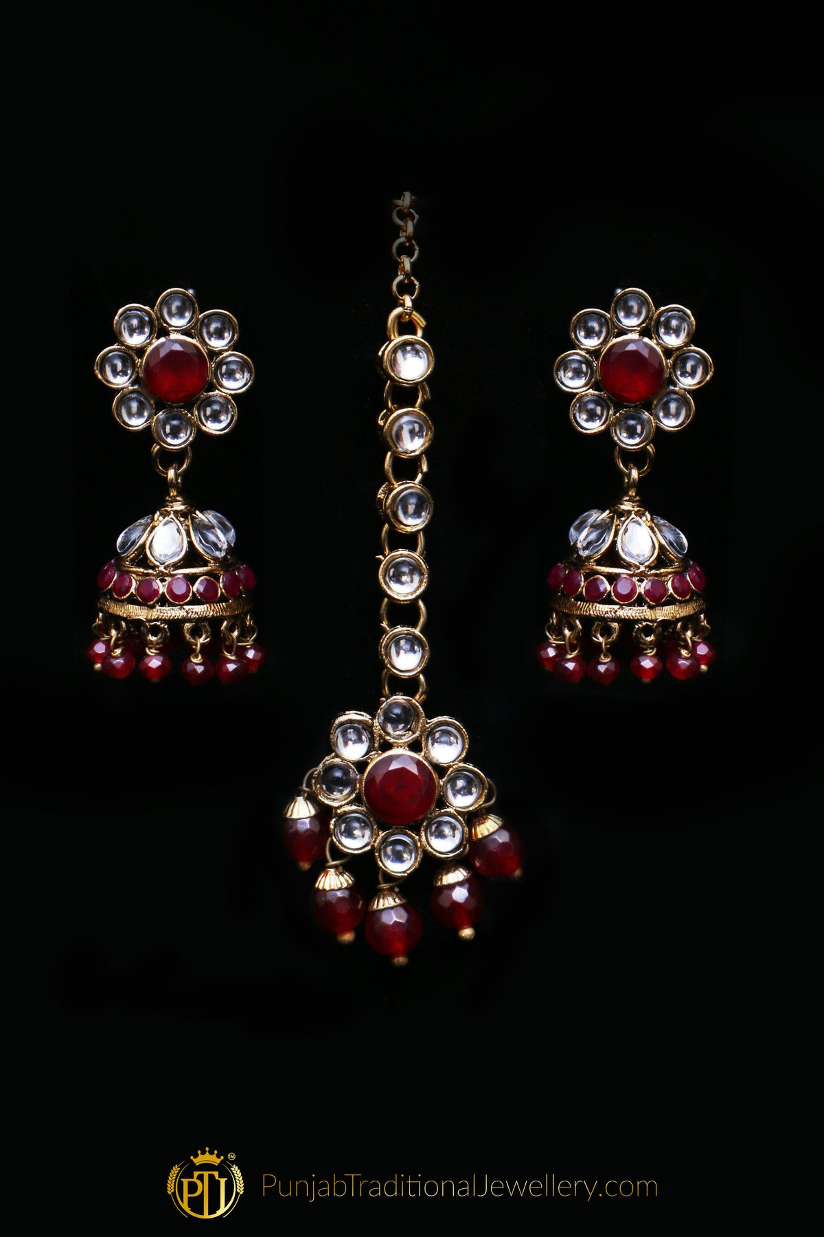 Maroon Kundan Necklace Set By Punjabi Traditional Jewellery