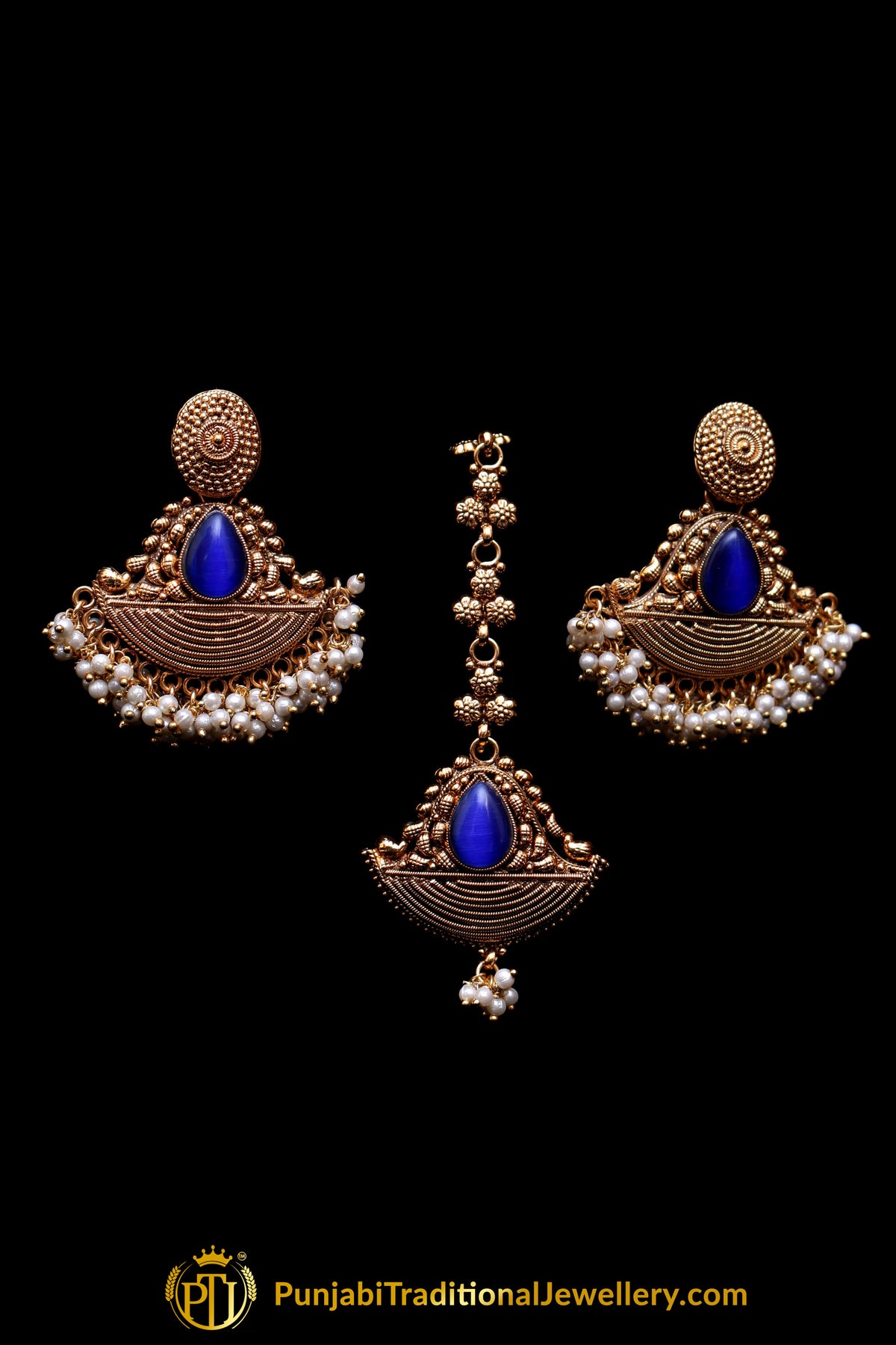 Blue Antique Gold Pearl Necklace Set By Punjabi Traditional Jewellery