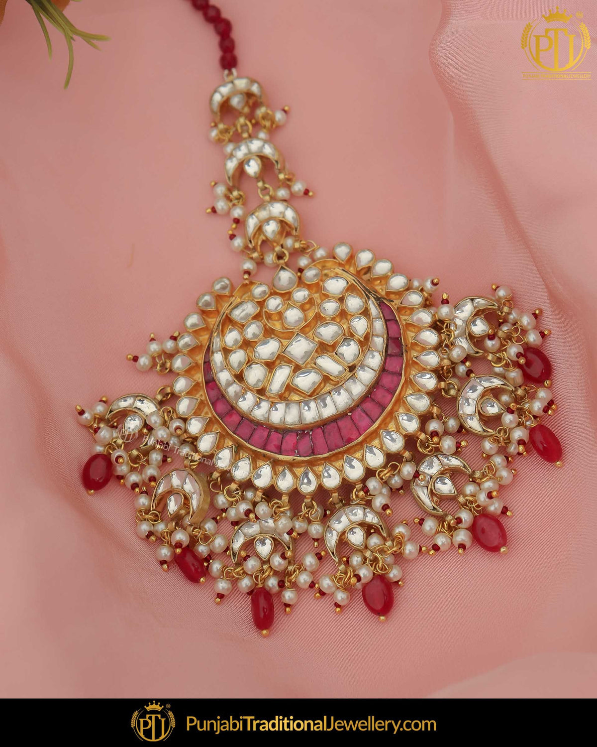 Gold Finished Kundan Red Pearl Tikka | Punjabi Traditional Jewellery Exclusive