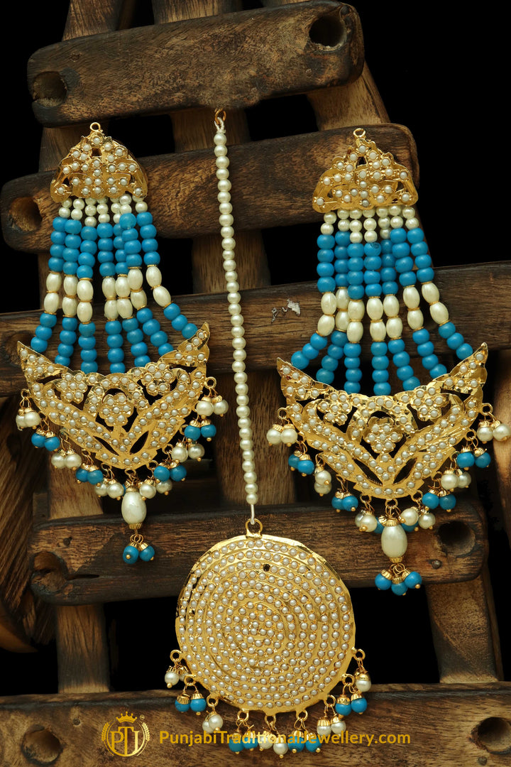 Firozi Jadau Pearl Earring Tikka Set By Punjabi Traditional Jewellery