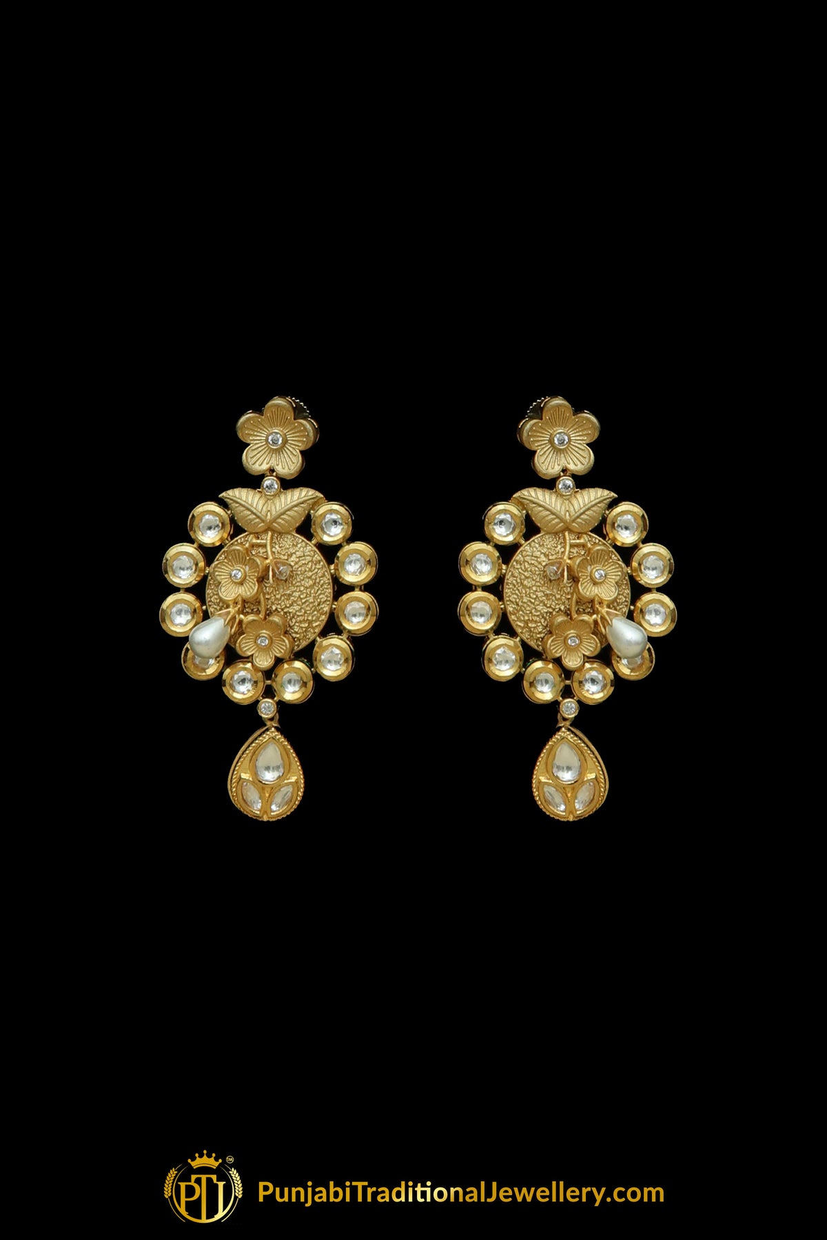 Matt Gold Kundan Pearl Necklace Set By Punjabi Taditional Jewellery