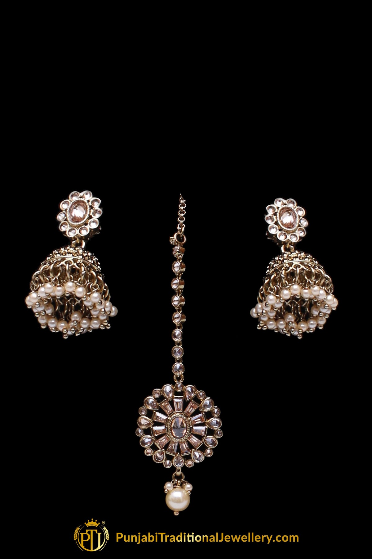 Golden Champagne Stone Necklace Set By Punjabi Traditional Jewellery